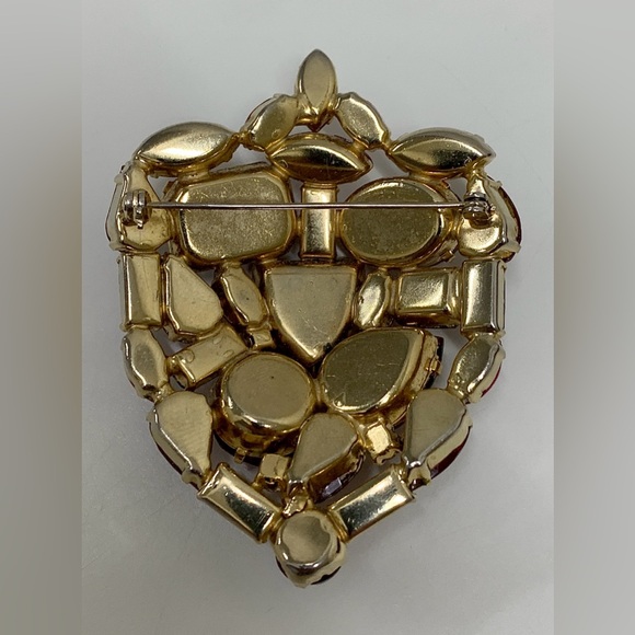 Mid Century Vintage Gold Tone Ruby Red Rhinestone Art Deco Pinback Brooch - Picture 8 of 16